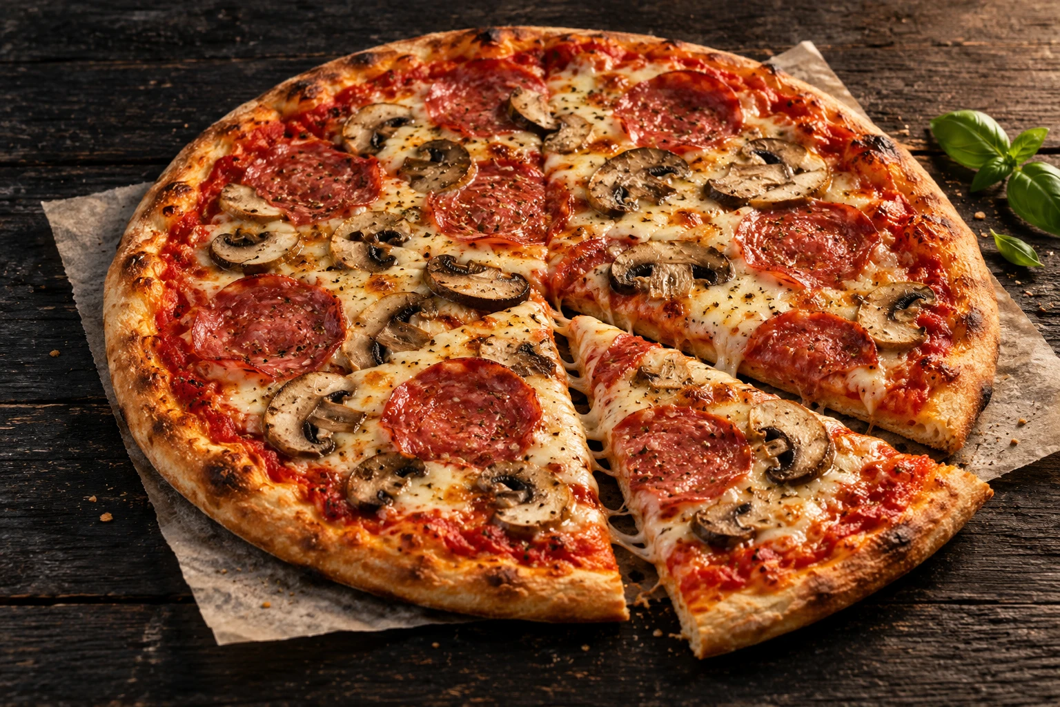 Pizza mit Salami und Pilzen auf dunklem Untergrund – KI-generierter Serviervorschlag